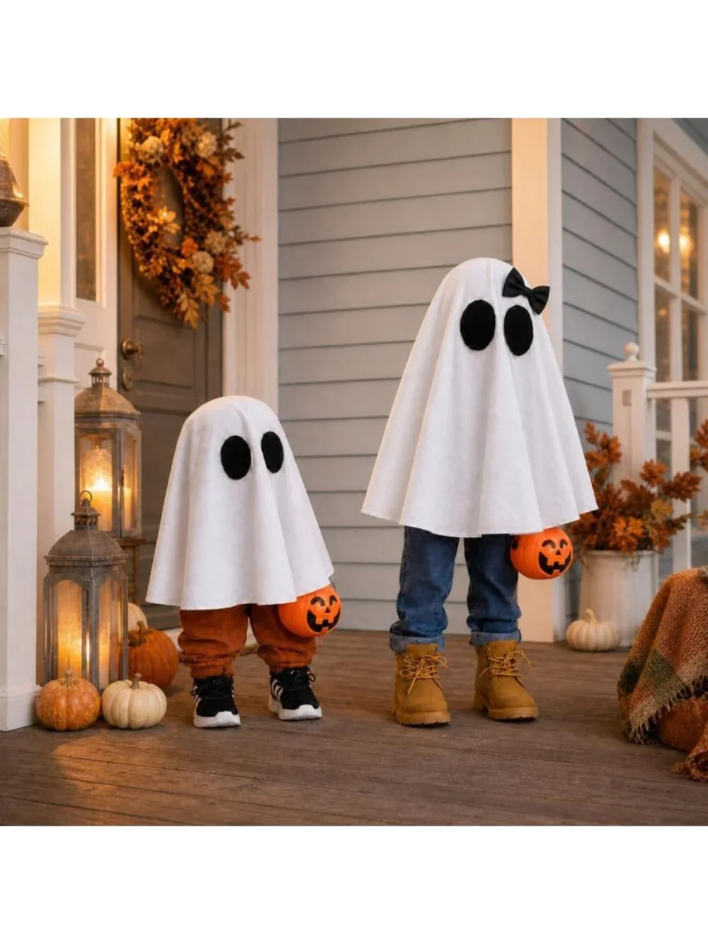 Adorable Halloween Ghosts with Pumpkin Buckets - 2 Pack Indoor/Outdoor Decor